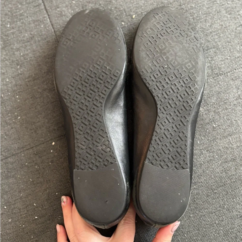 Tory Burch Black Leather Logo Cap-Toe Flats with Gold Emblem